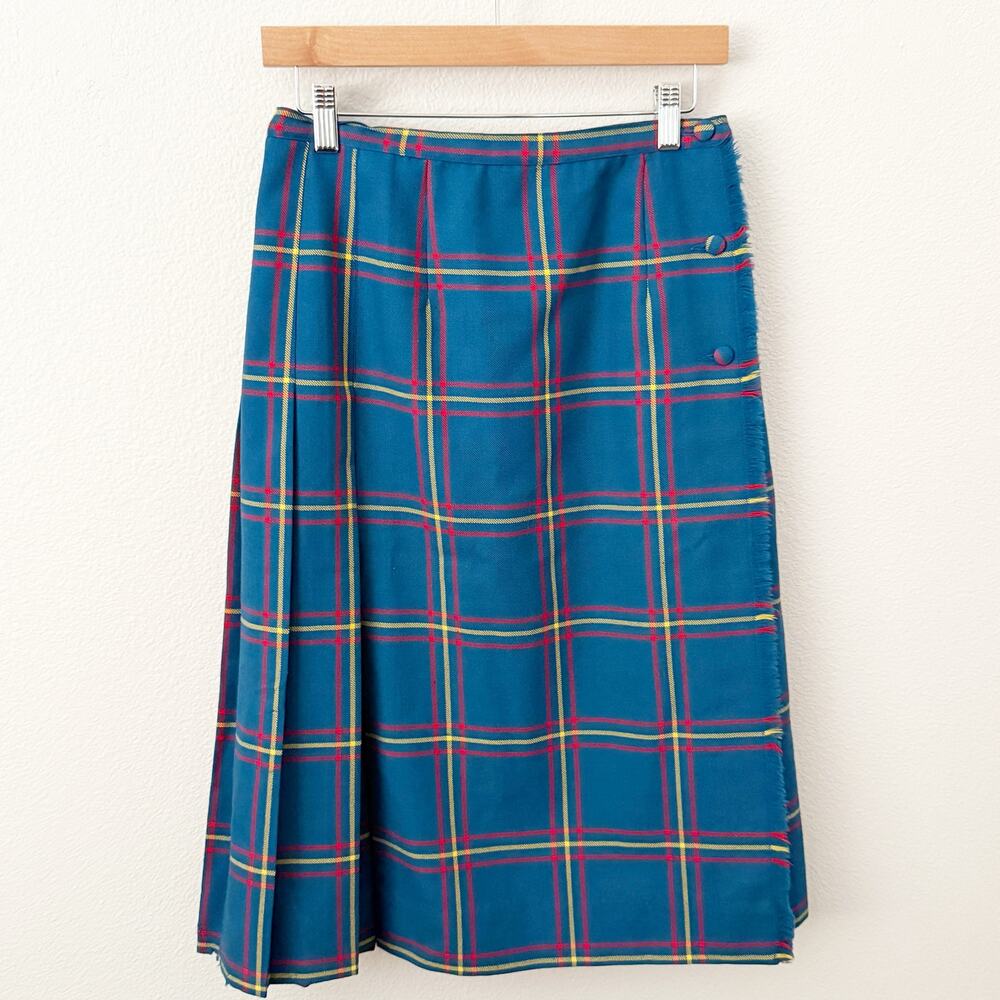 ALJEAN | Vintage Yellow Blue Red Plaid 100% Wool Midi Wrap Skirt | Size 14